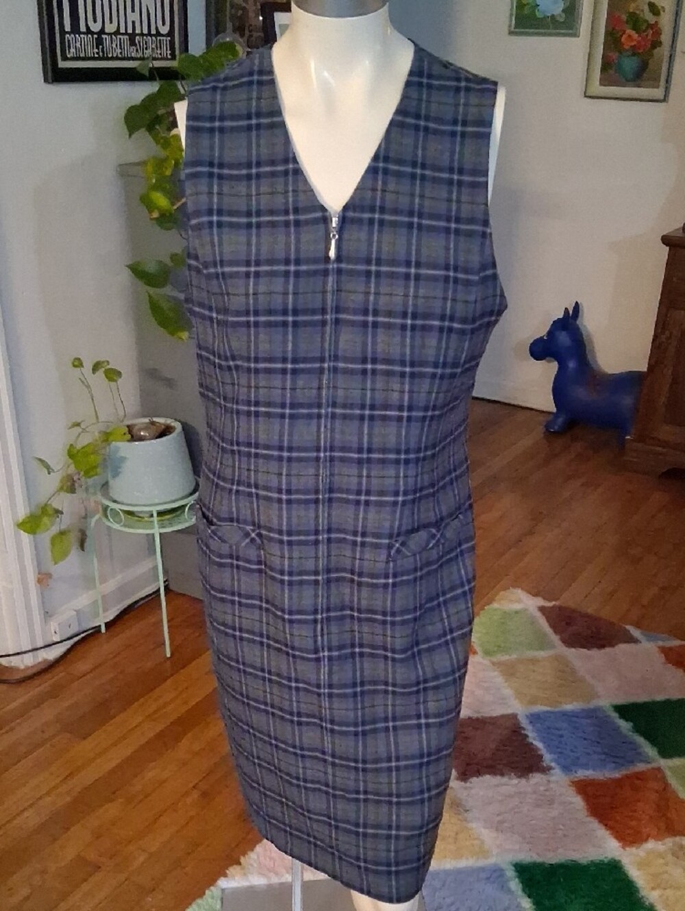Karen Scott Blue Plaid Midi Jumper Dress